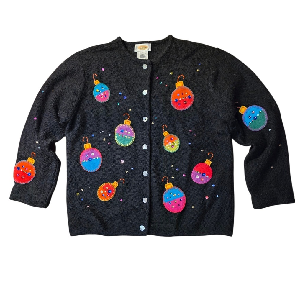 Talbots Womens Black Wool Cardigan Sweater Christmas Ornaments Sequins Size M